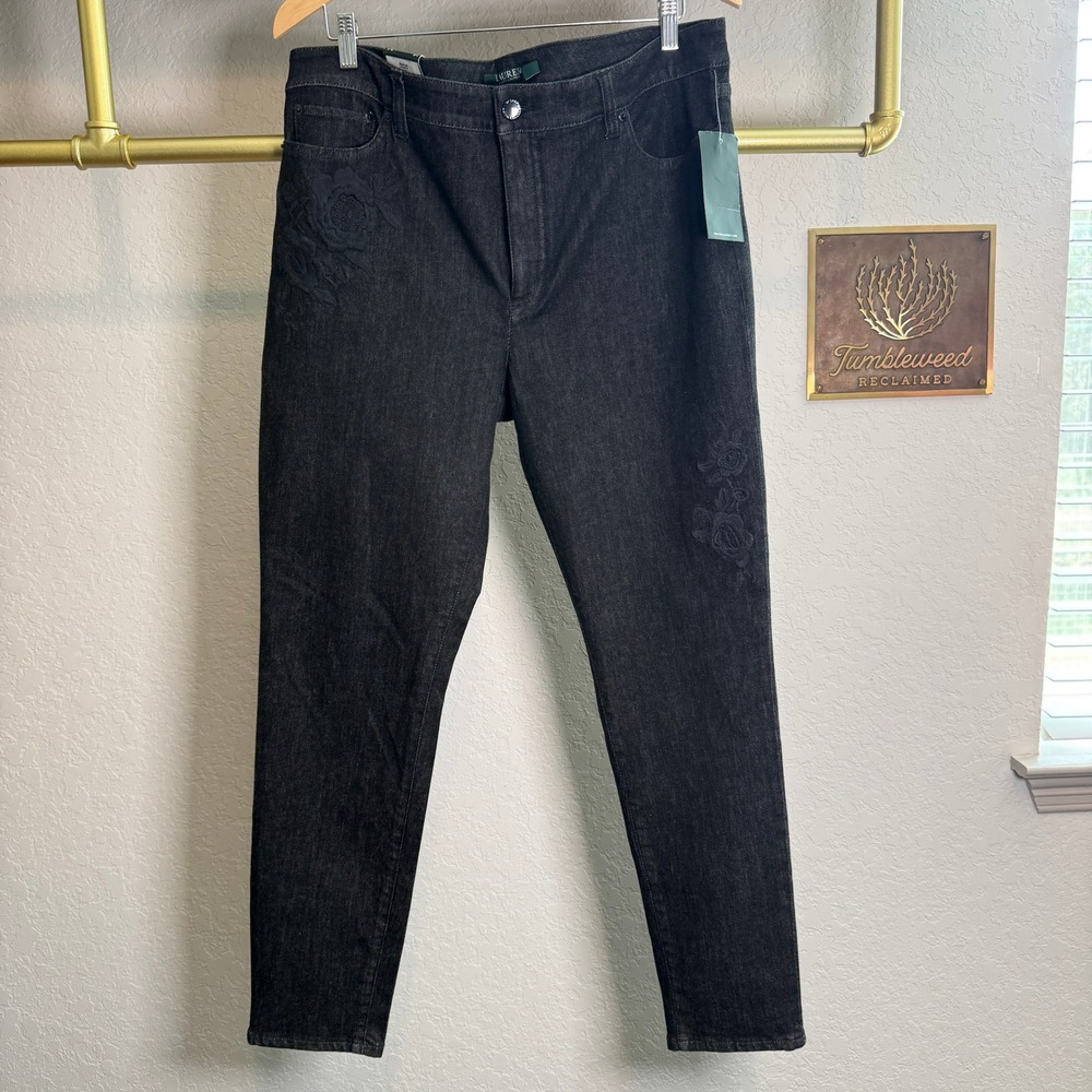 Lauren Ralph Lauren Premier Skinny Slimming Black Floral Embroidered Jeans 16 - Picture 2 of 12